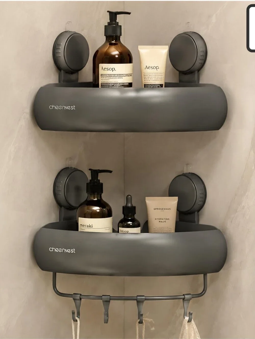 Gray Suction Shower Caddy Organizer - Wall Mounted Bathroom Shelf
